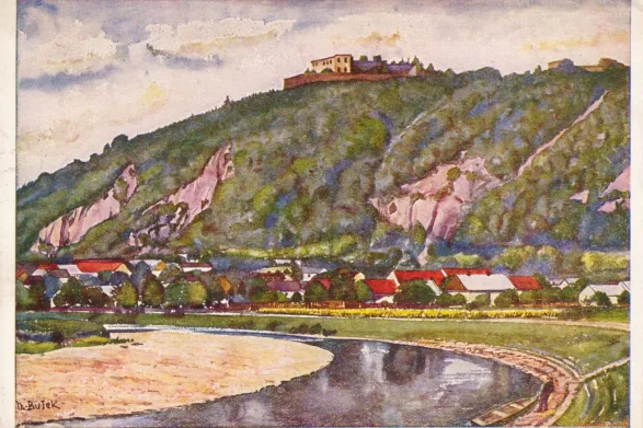 Helfštýn, VF, malíř Konst. Bušek, vydal Jakob Janota Ostrava, prošlá r. 1945